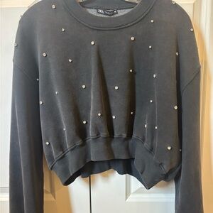 Zara Gray Cropped Embellished Sweatshirt
